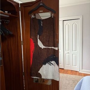 Massimo Dutti Brown Maxi Skirt with Red, White & Navy Abstract Panels